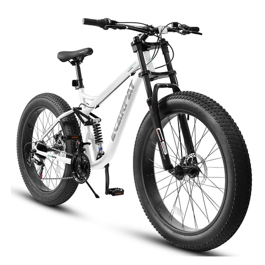 26x4 Inch Fat Tire Mountain Bike Shimano 21 Speed Dual Disc Brake Dual Suspension Trail Bike, Urban Commuter City Bicycle Adult or Youth Whitre