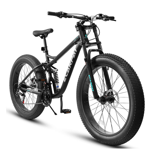 26x4 Inch Fat Tire Mountain Bike Shimano 21 Speed Dual Disc Brake Dual Suspension Trail Bike, Urban Commuter City Bicycle Adult or Youth Black