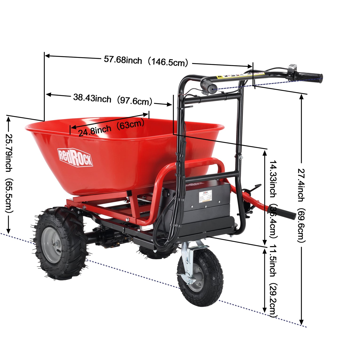 Wheelbarrow Utility Cart, Electric Powered Cart, 48V28Ah 500W, Capacity 500lbs, Max Cubage 6 Cuft, Material Debris Hauler 1000lbs Towing