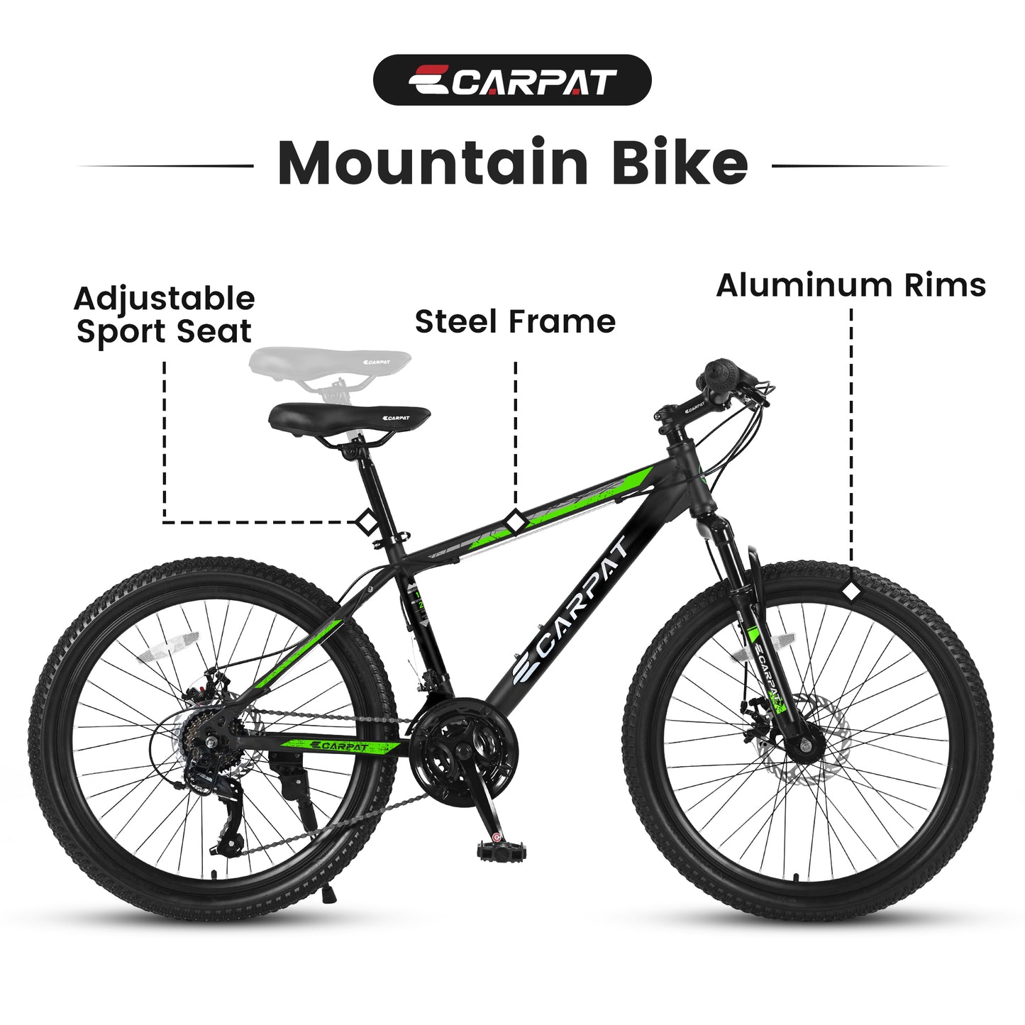 26 Inch Aluminum Mountain Bike Shimano 21 Speed Dual Dis Brake Front Suspension For Women Men BLACK GREEN