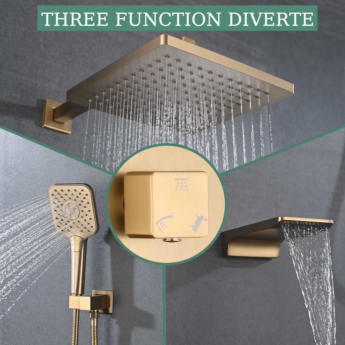 Shower system with Tub Spout, Wall Mounted Shower Faucet Set for Bathroom, High Pressure 10-inch Rain Shower head and 3-Setting Handheld Shower Head Set,Brushed Gold