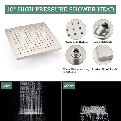 Shower system with Concealed Valve, Wall Mounted Shower Faucet Set for Bathroom, High Pressure 10-inch Rain Shower head and 3-Setting Handheld Shower Head Set,Brushed Nickel