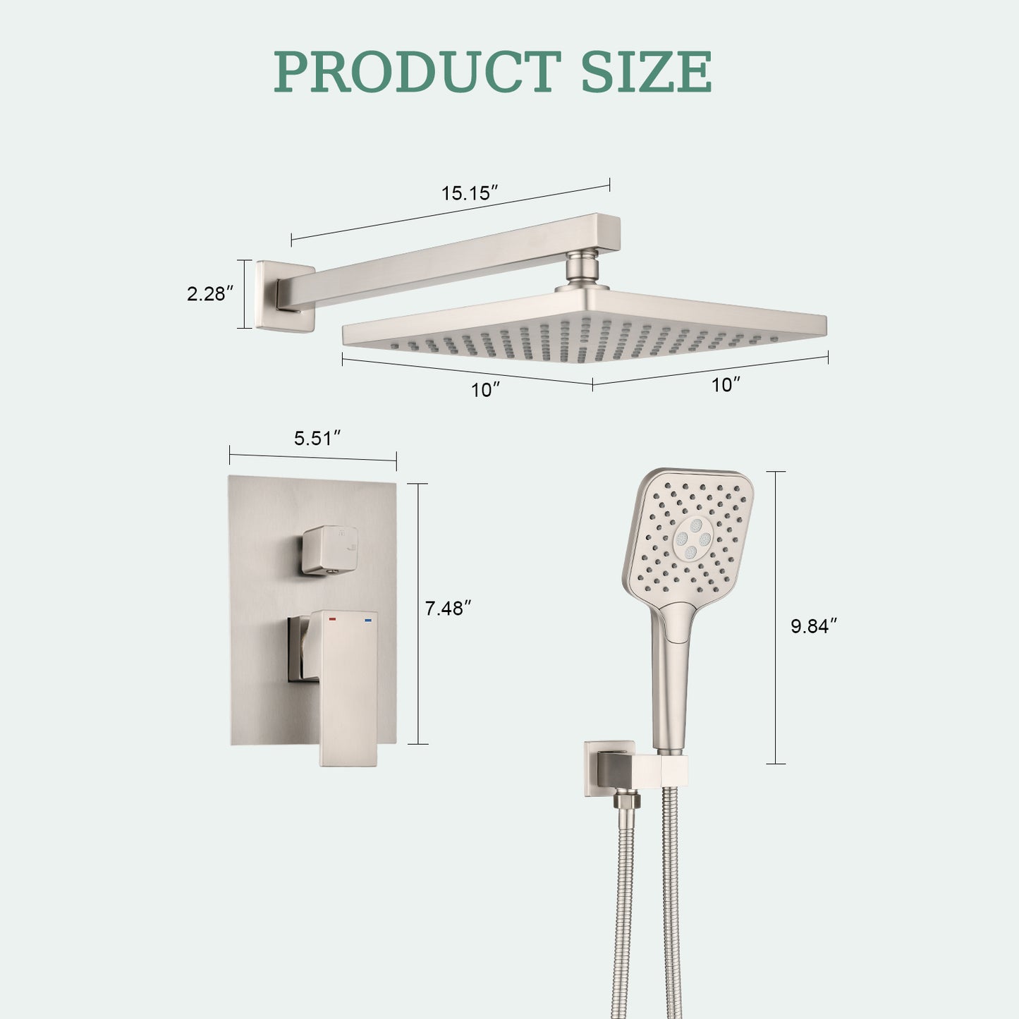 Shower system with Concealed Valve, Wall Mounted Shower Faucet Set for Bathroom, High Pressure 10-inch Rain Shower head and 3-Setting Handheld Shower Head Set,Brushed Nickel