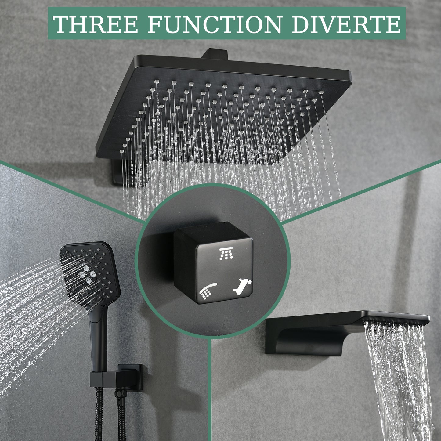 Shower system with Tub Spout, Wall Mounted Shower Faucet Set for Bathroom, High Pressure 10-inch Rain Shower head and 3-Setting Handheld Shower Head Set,Matt Black