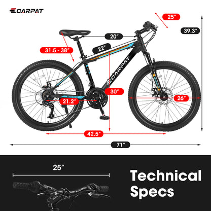 26 Inch Aluminum Mountain Bike Shimano 21 Speed Dual Dis Brake Front Suspension For Women Men BLACK BLUE