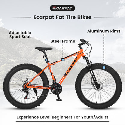 26x4 Inch Fat Tire Mountain Bike Shimano 21 Speed Dual Disc Brake Front Suspension Trail Bike, Urban Commuter City Bicycle Adult or Youth Orange