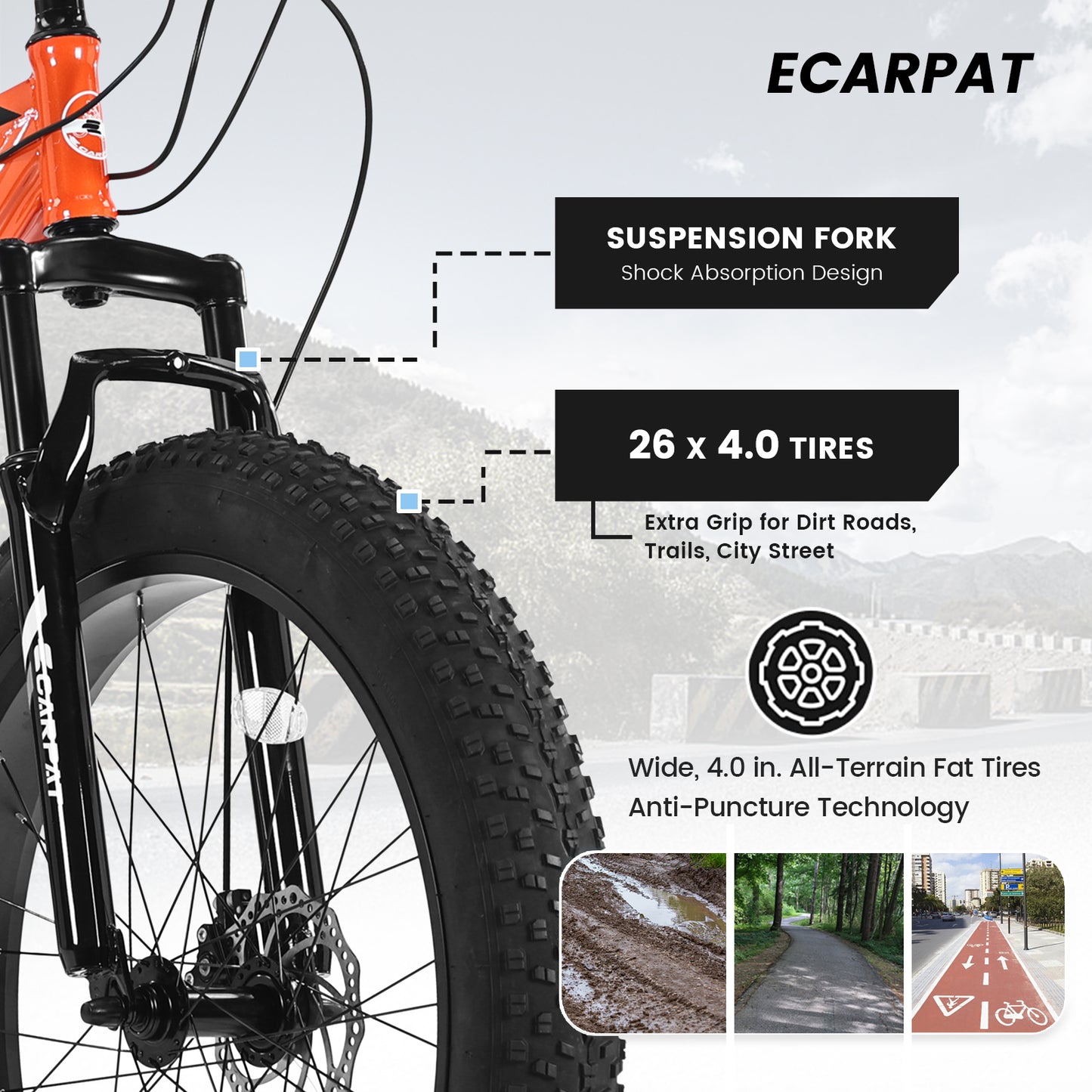 26x4 Inch Fat Tire Mountain Bike Shimano 21 Speed Dual Disc Brake Front Suspension Trail Bike, Urban Commuter City Bicycle Adult or Youth Orange