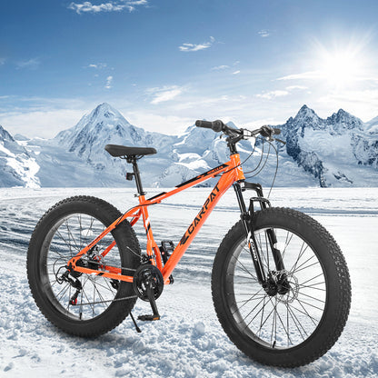 26x4 Inch Fat Tire Mountain Bike Shimano 21 Speed Dual Disc Brake Front Suspension Trail Bike, Urban Commuter City Bicycle Adult or Youth Orange