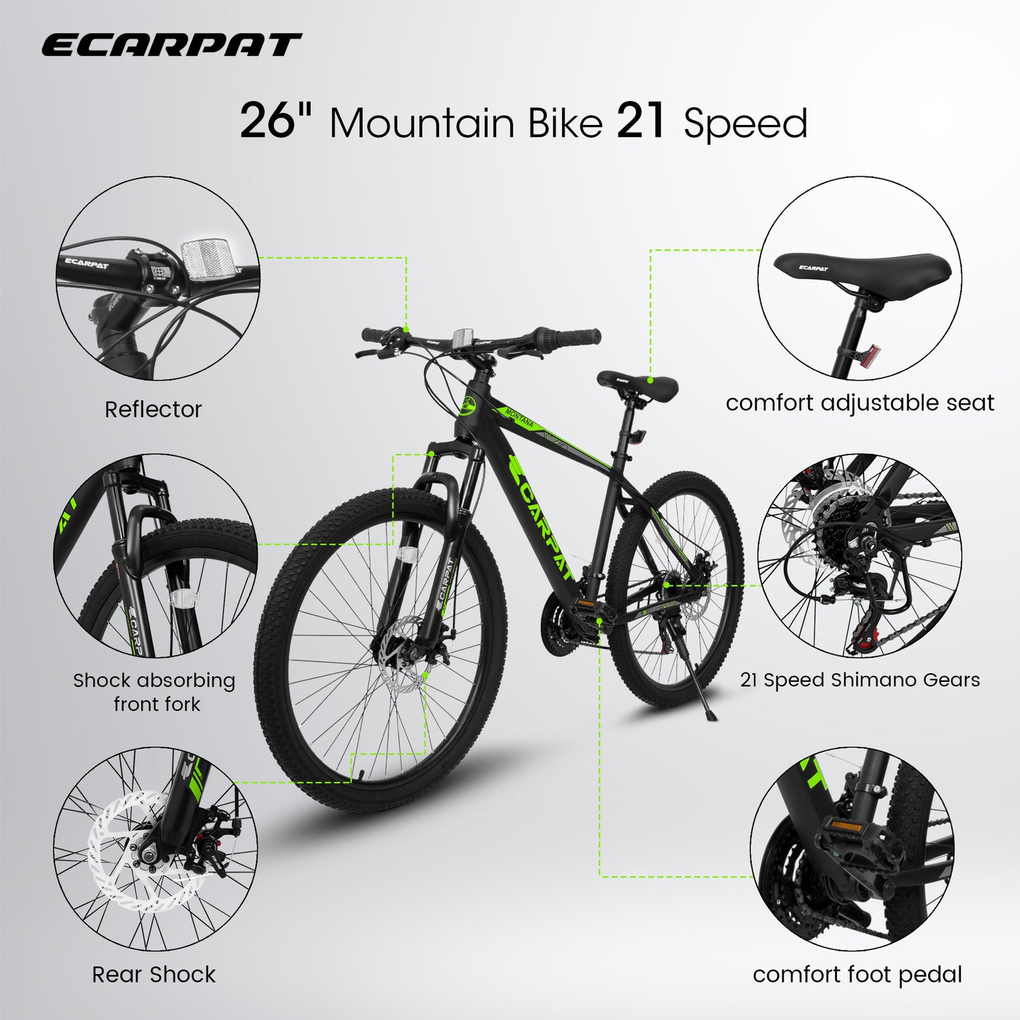 26 Inch Aluminum Mountain Bike Shimano 21 Speed Dual Disc Brake Front Suspension For Women Men Blue Green