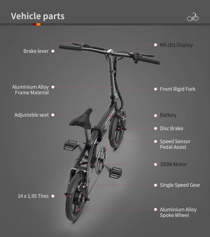 350W Folding 14-Inch Tire Electric Bike 25 mph 36V 7.5AH Lithium Battery Adult