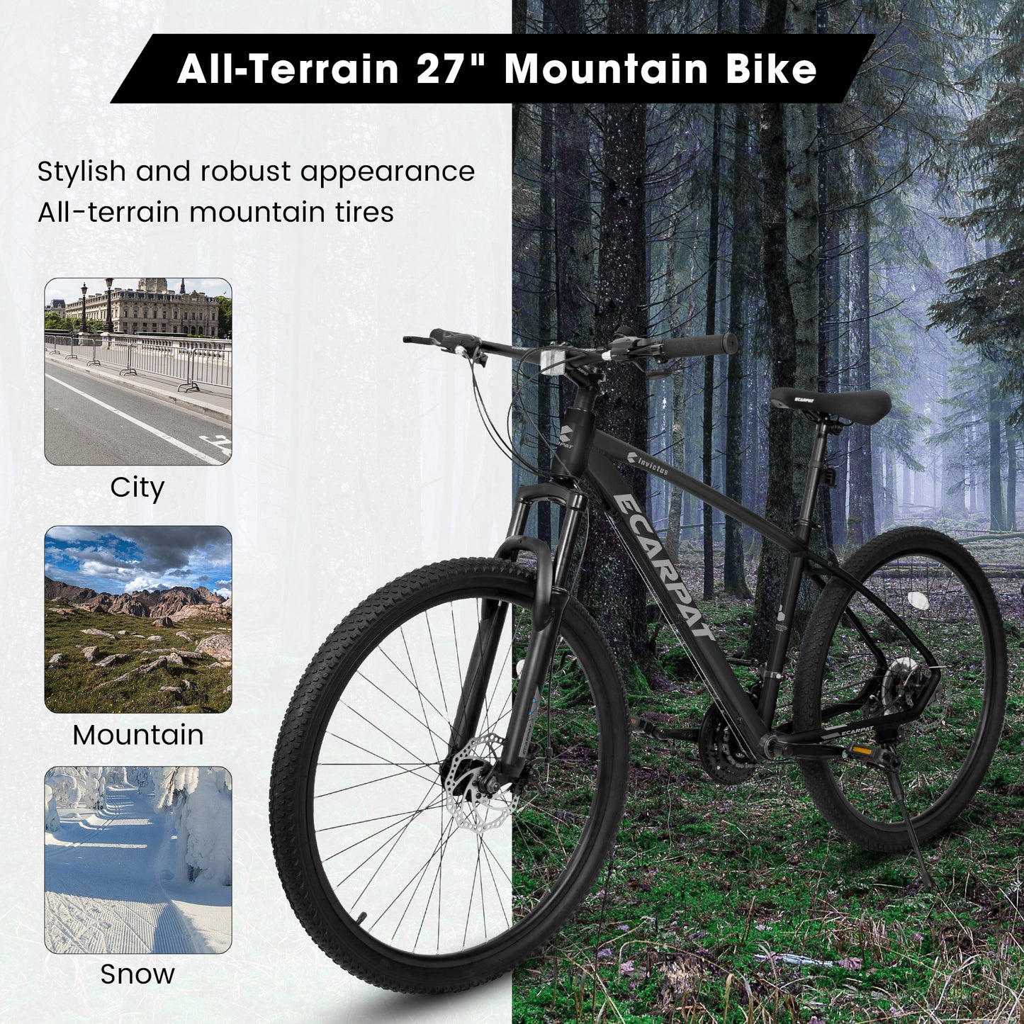 27.5 Inch Aluminum Mountain Bike Shimano 21 Speed Dual Disc Brake Front Suspension For Women Men Black