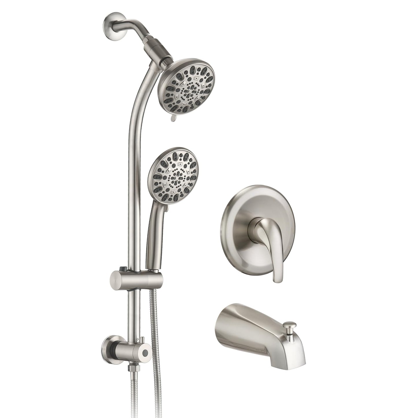 Brushed Nickel Bathroom Shower Head and Handheld Showerhead Combo Shower System with Tub Spout,Drill-Free slider bar, 7 jets Top Shower and 7 jets handheld shower, Rough-in Valve Included