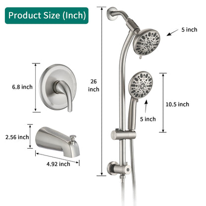 Brushed Nickel Bathroom Shower Head and Handheld Showerhead Combo Shower System with Tub Spout,Drill-Free slider bar, 7 jets Top Shower and 7 jets handheld shower, Rough-in Valve Included