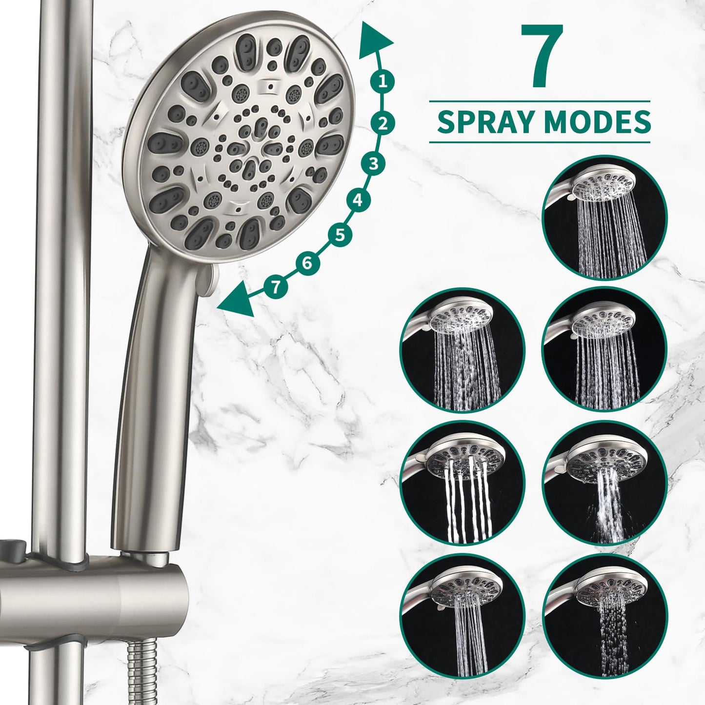 Brushed Nickel Bathroom Shower Head and Handheld Showerhead Combo Shower System with Tub Spout,Drill-Free slider bar, 7 jets Top Shower and 7 jets handheld shower, Rough-in Valve Included