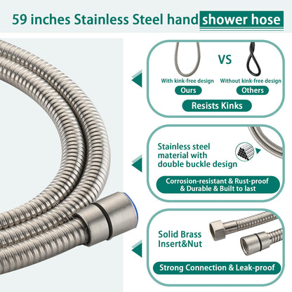 Brushed Nickel Bathroom Shower Head and Handheld Showerhead Combo Shower System with Tub Spout,Drill-Free slider bar, 7 jets Top Shower and 7 jets handheld shower, Rough-in Valve Included