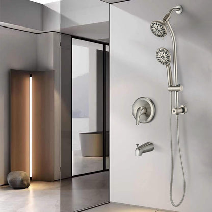 Brushed Nickel Bathroom Shower Head and Handheld Showerhead Combo Shower System with Tub Spout,Drill-Free slider bar, 7 jets Top Shower and 7 jets handheld shower, Rough-in Valve Included